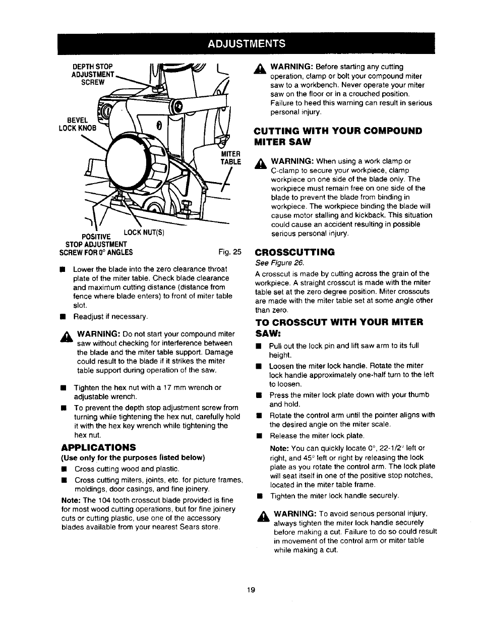 Applications, Cutting with your compound miter saw, Crosscutting | To crosscut with your miter saw, Adjustments | Craftsman 315.212110 User Manual | Page 19 / 38
