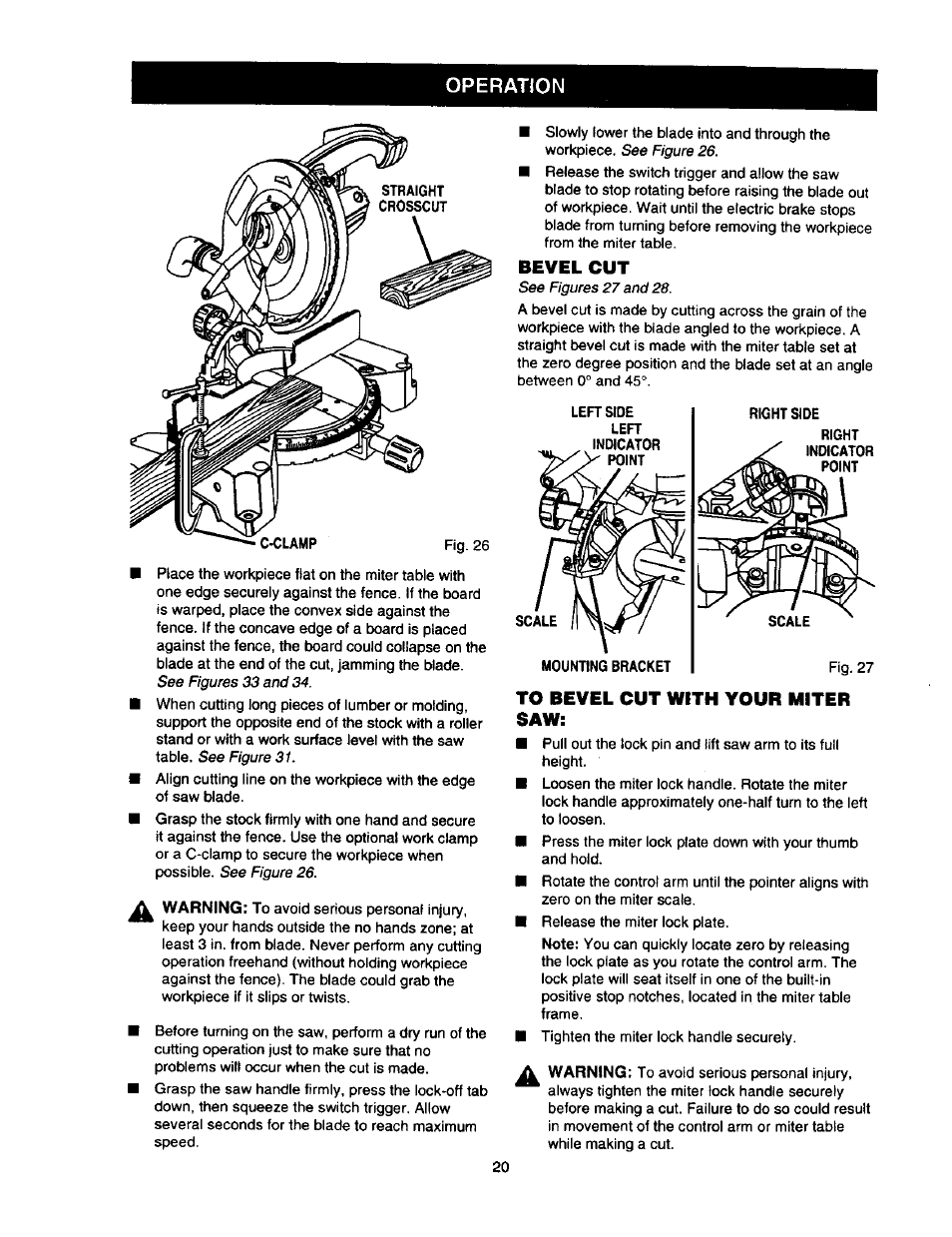 Bevel cut, To bevel cut with your miter saw, Operation | Craftsman 315.212110 User Manual | Page 20 / 38