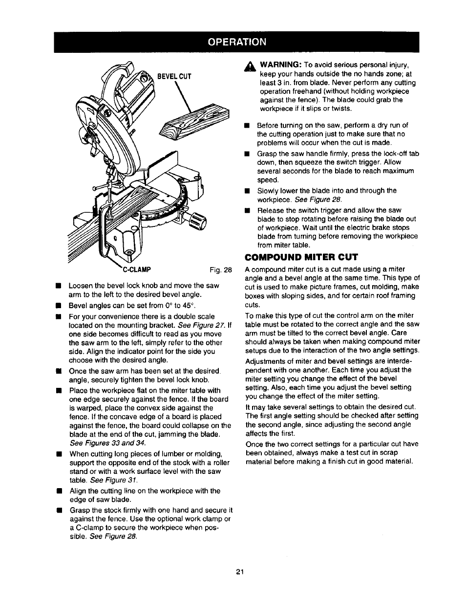 Compound miter cut, Operation | Craftsman 315.212110 User Manual | Page 21 / 38