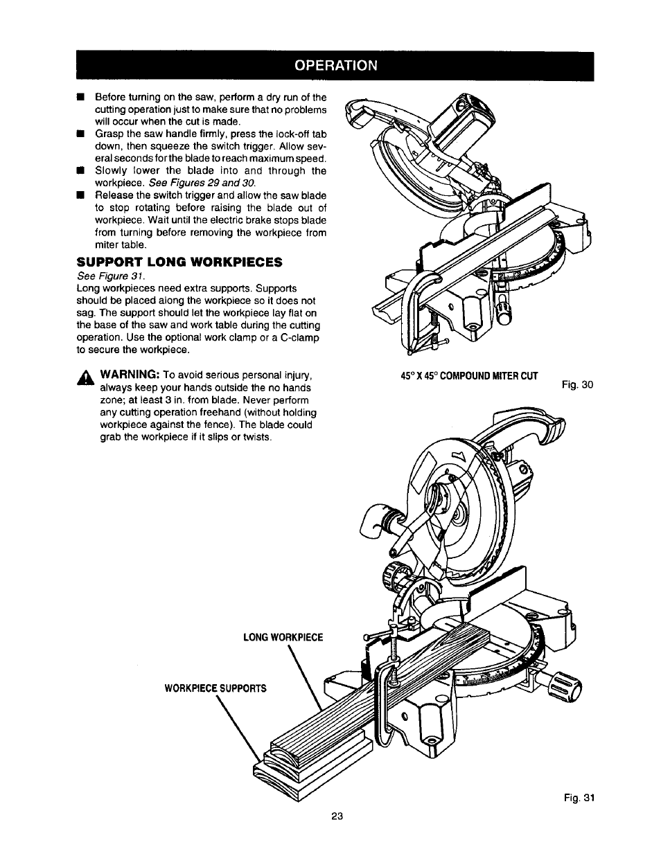 Support long workpieces, Operation | Craftsman 315.212110 User Manual | Page 23 / 38