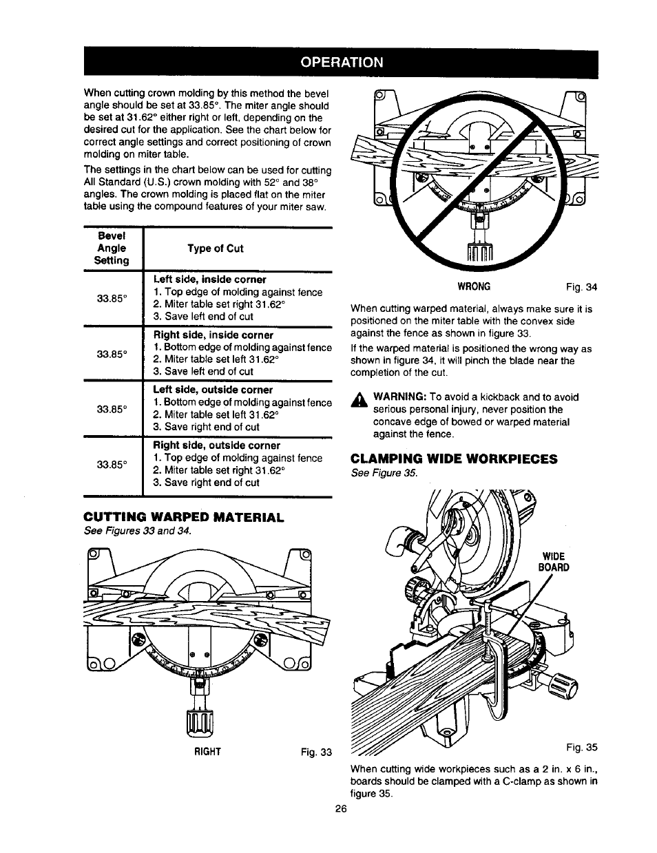 Cutting warped material, Clamping wide workpieces, Operation | Craftsman 315.212110 User Manual | Page 26 / 38