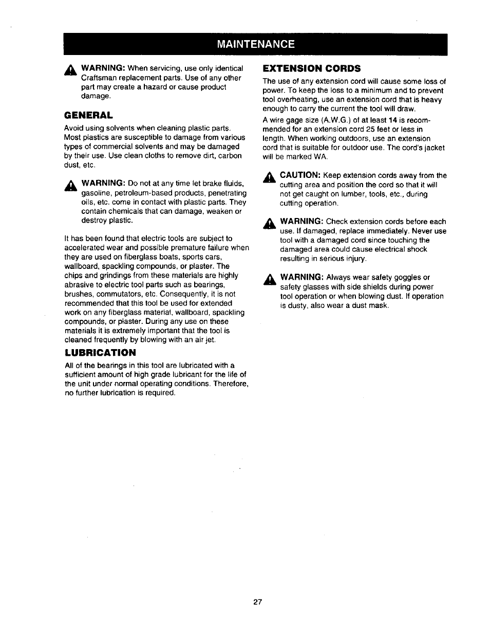 General, Lubrication, Extension cords | Maintenance | Craftsman 315.212110 User Manual | Page 27 / 38