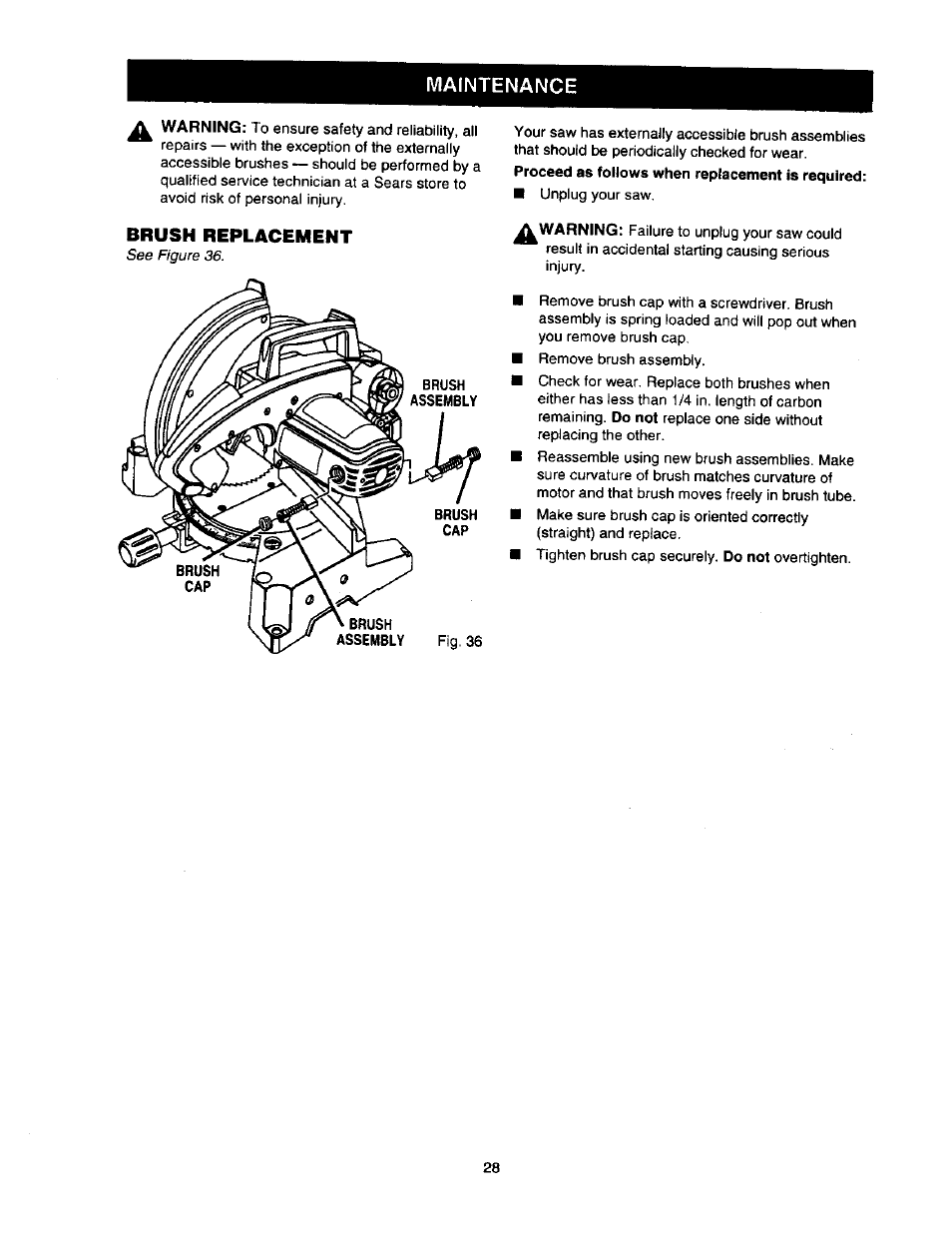 Brush replacement, Maintenance | Craftsman 315.212110 User Manual | Page 28 / 38