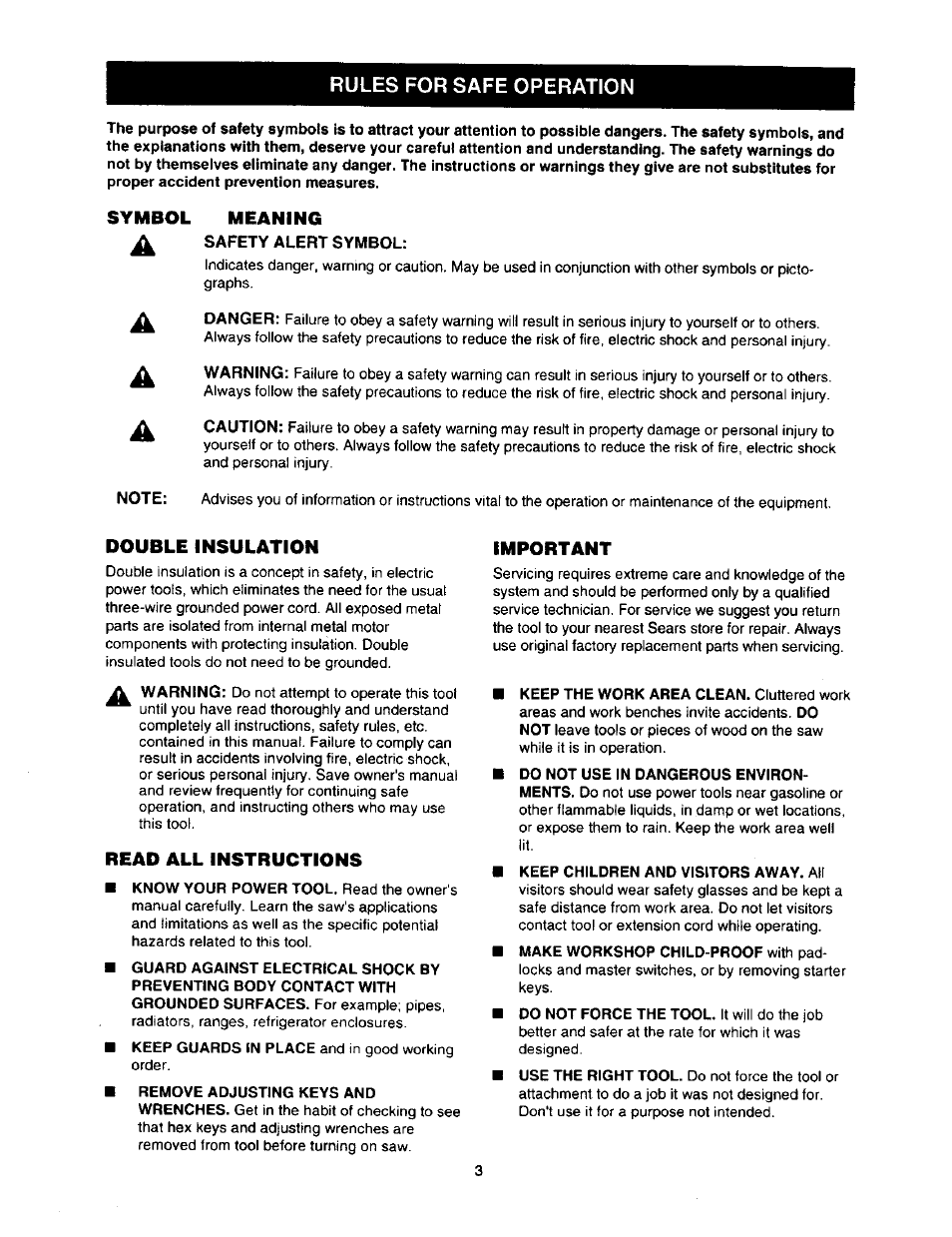 Rules for safe operation, Meaning, Double insulation | Read all instructions, Important | Craftsman 315.212110 User Manual | Page 3 / 38