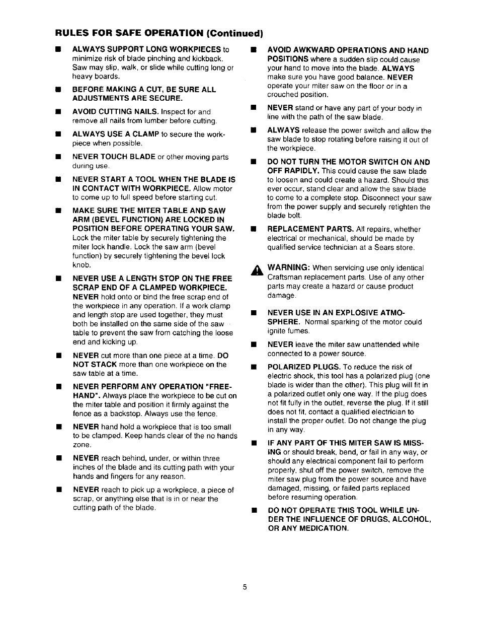 Rules for safe operation (continued) | Craftsman 315.212110 User Manual | Page 5 / 38