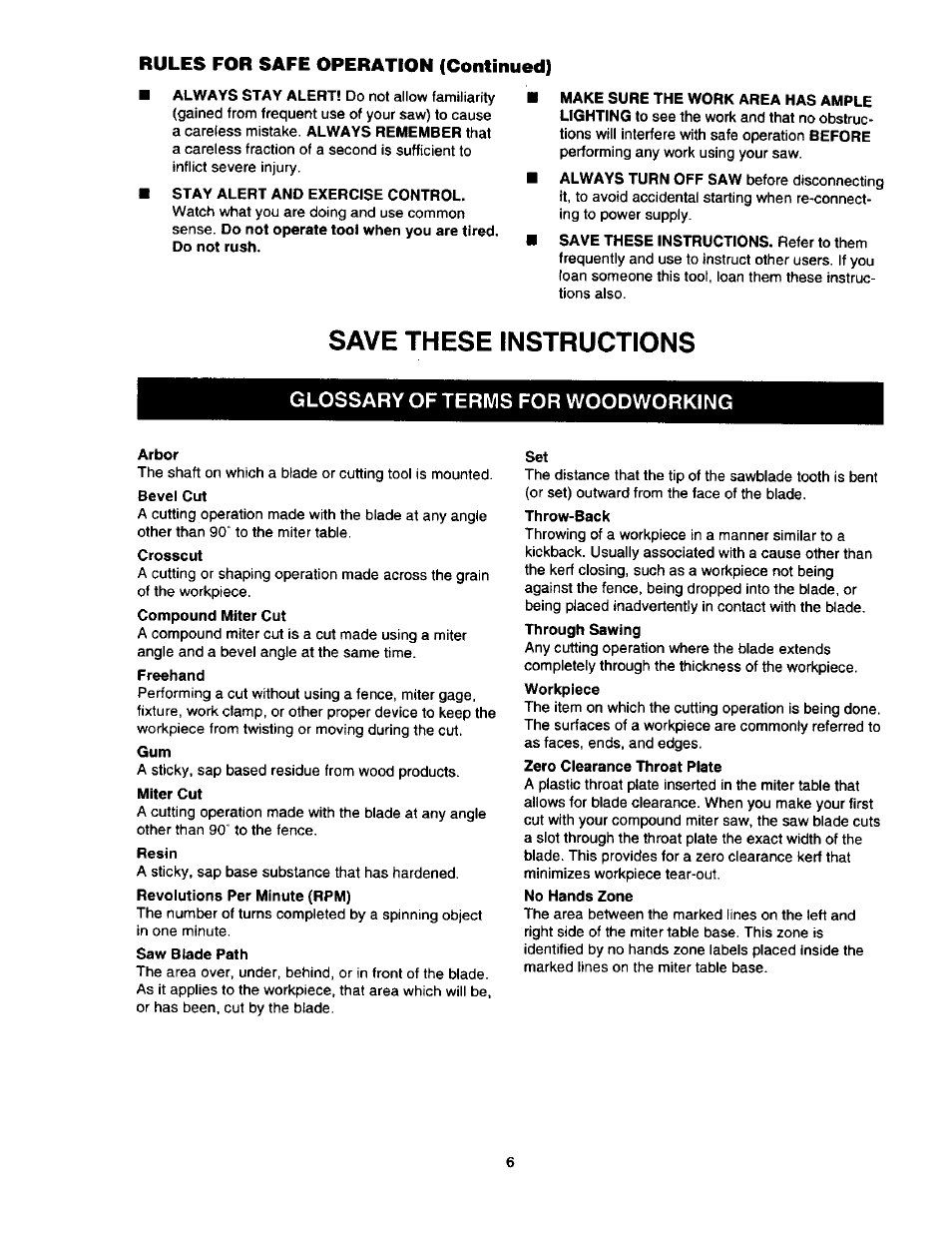 Save these instructions, Glossary of terms for woodworking, Rules for safe operation (continued) | Craftsman 315.212110 User Manual | Page 6 / 38