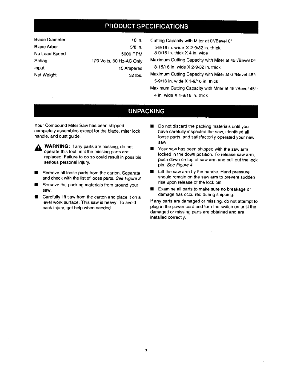 Product specifications, Unpacking | Craftsman 315.212110 User Manual | Page 7 / 38