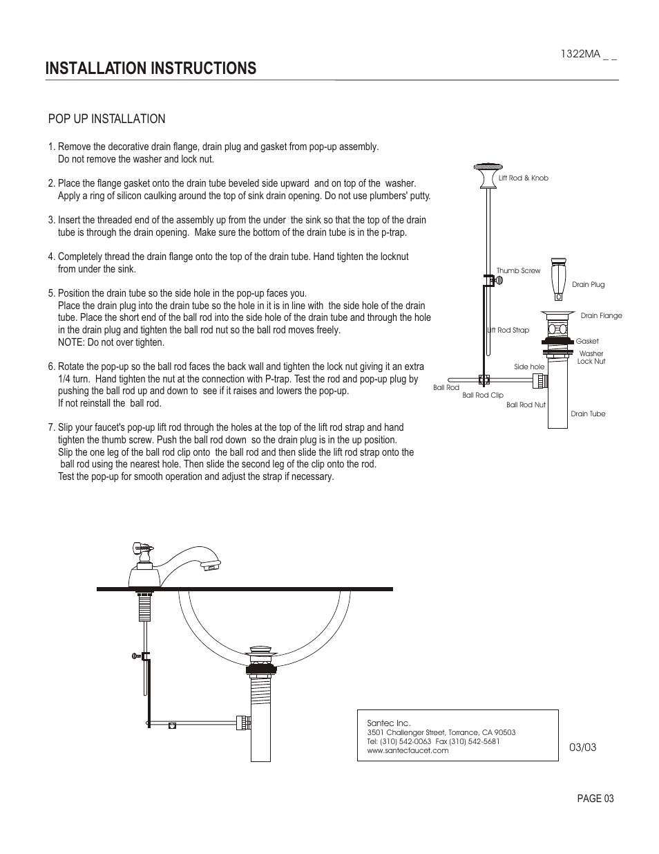 Installation instructions, Pop up installation | Santec 1322MA User Manual | Page 3 / 4