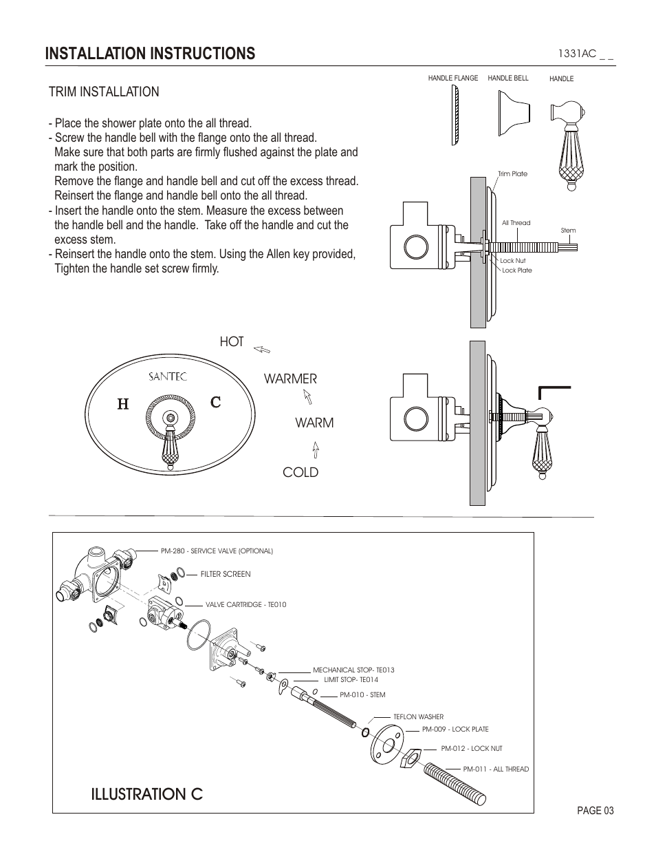 Installation instructions, Illustration c, Trim installation | Cold warm warmer hot | Santec 1331AC User Manual | Page 3 / 4