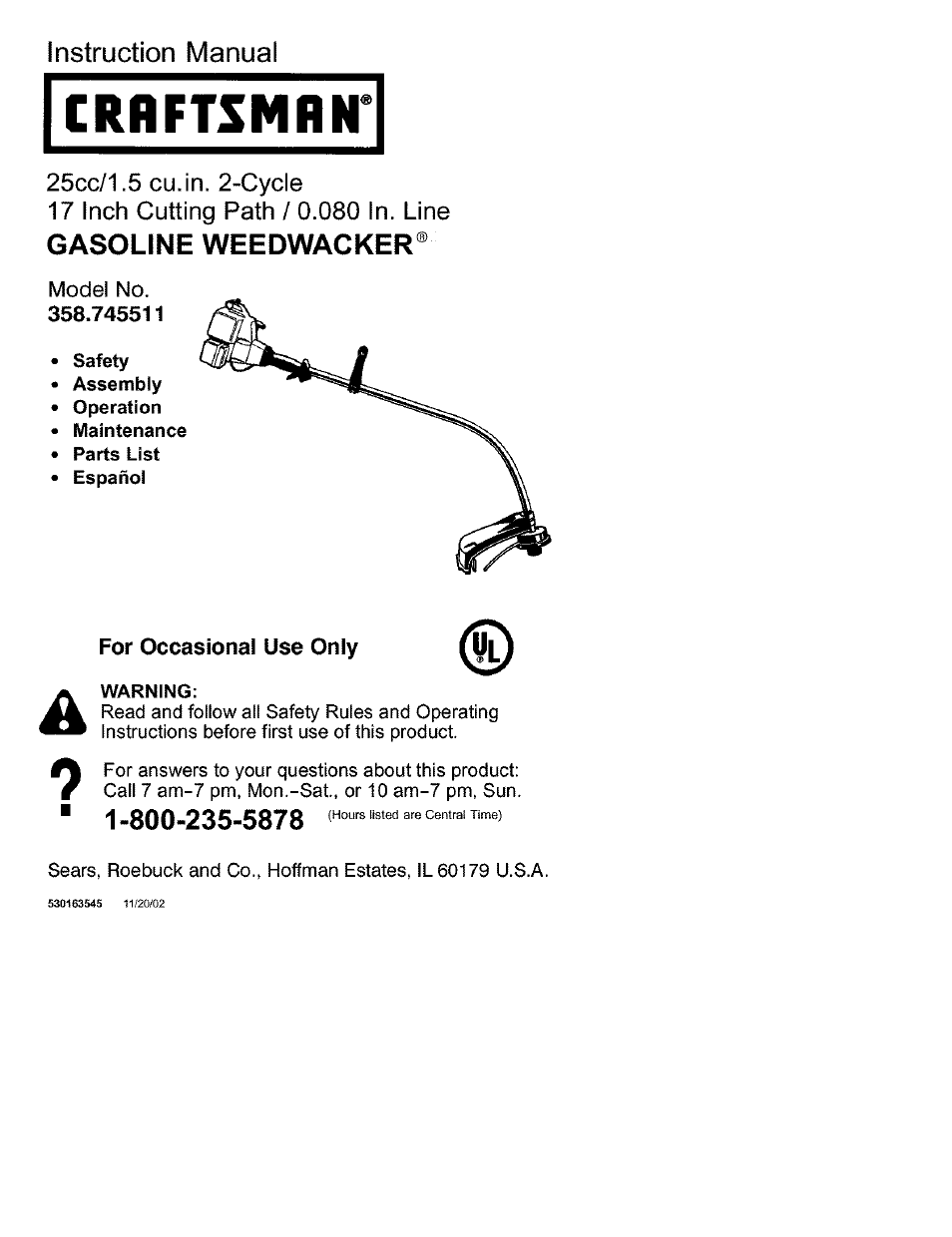 Craftsman 358.745511 User Manual | 12 pages