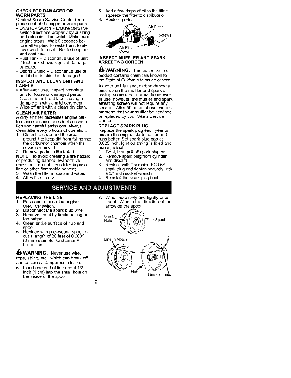 Service and adjustments | Craftsman 358.745511 User Manual | Page 9 / 12