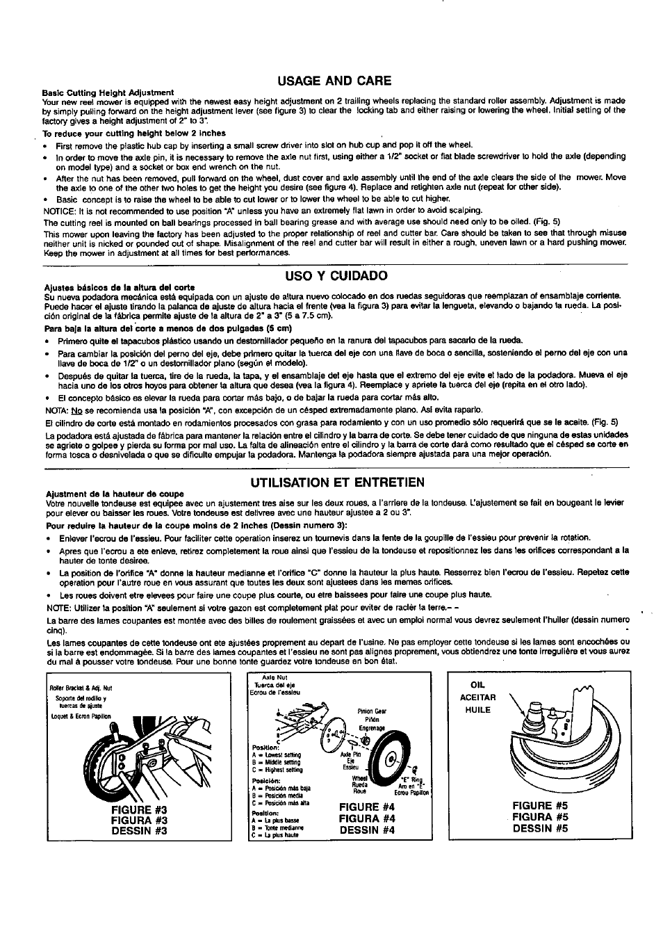 Usage and care, Uso y cuidado, Utilisation et entretien | Figure #3 figura #3 dessin #3, Figure #4 figura #4 dessin #4, Figure #5 figura #5 dessin #5 | Craftsman 291.37619 User Manual | Page 2 / 7