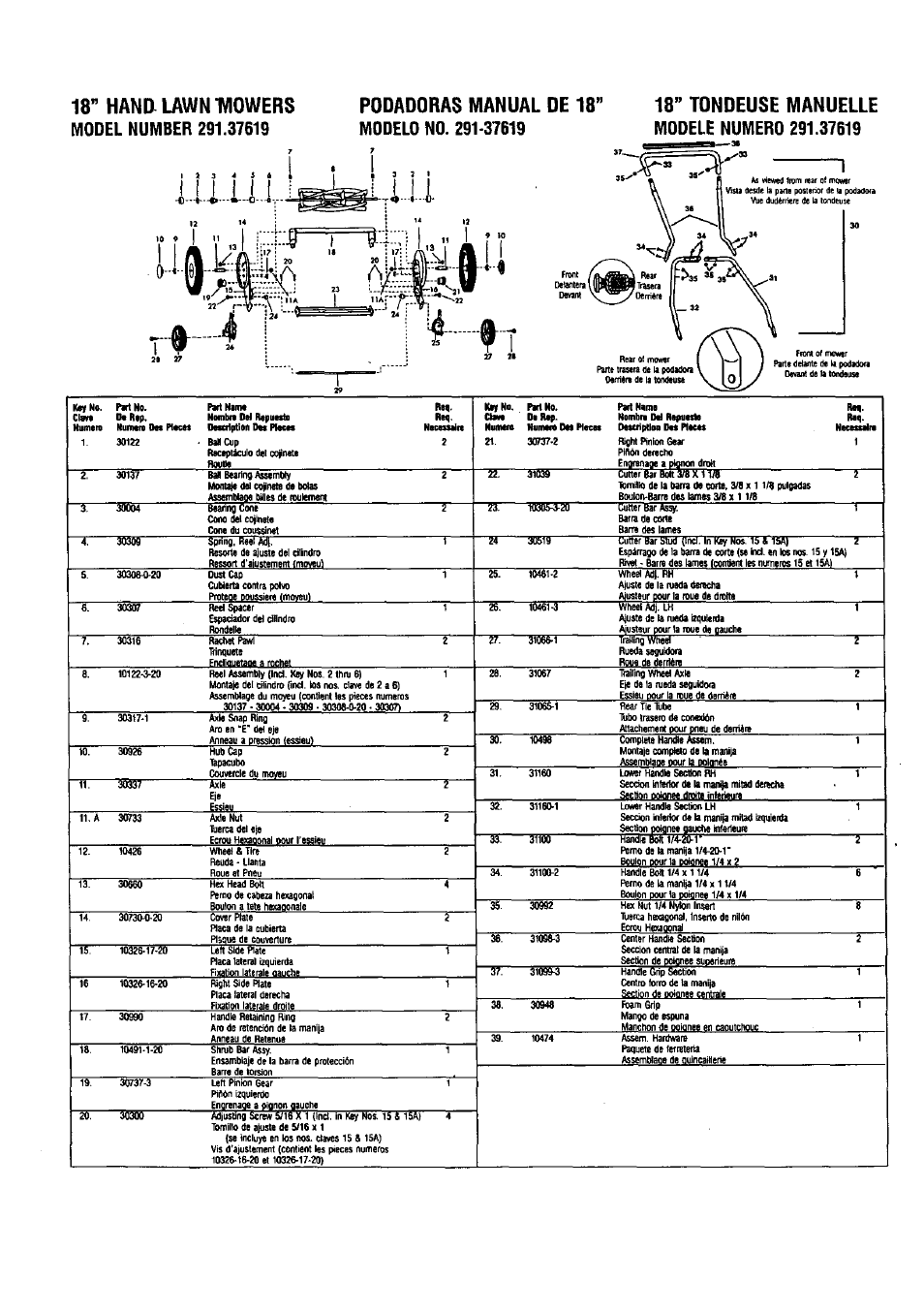 18” handilawniviowers, Model number 291.37619, Rodadoras manual de 18 | Modelo no. 291-37619, 18” tondeuse manuelle, Modele numero 291.37619, Î'ffliû | Craftsman 291.37619 User Manual | Page 3 / 7