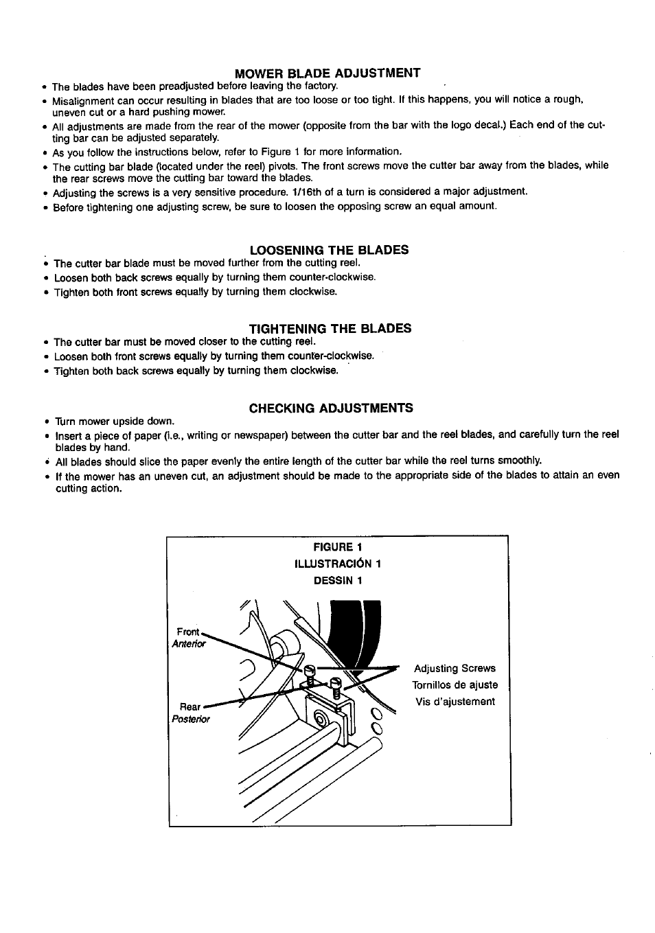 Mower blade adjustment, Loosening the blades, Tightening the blades | Checking adjustments | Craftsman 291.37619 User Manual | Page 6 / 7