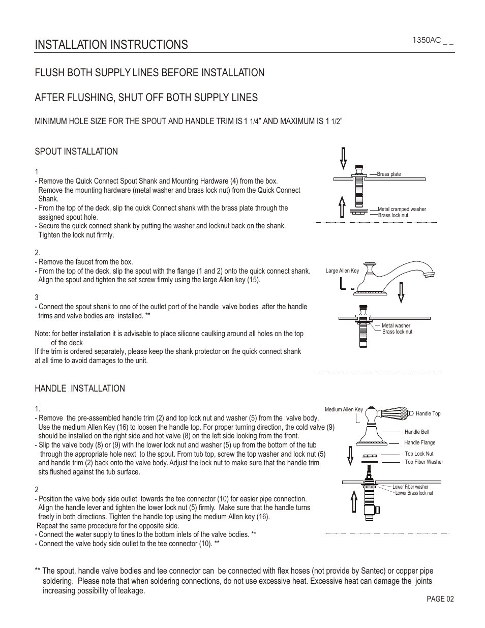 Installation instructions, Spout installation, Handle installation | Santec 1350AC User Manual | Page 2 / 4