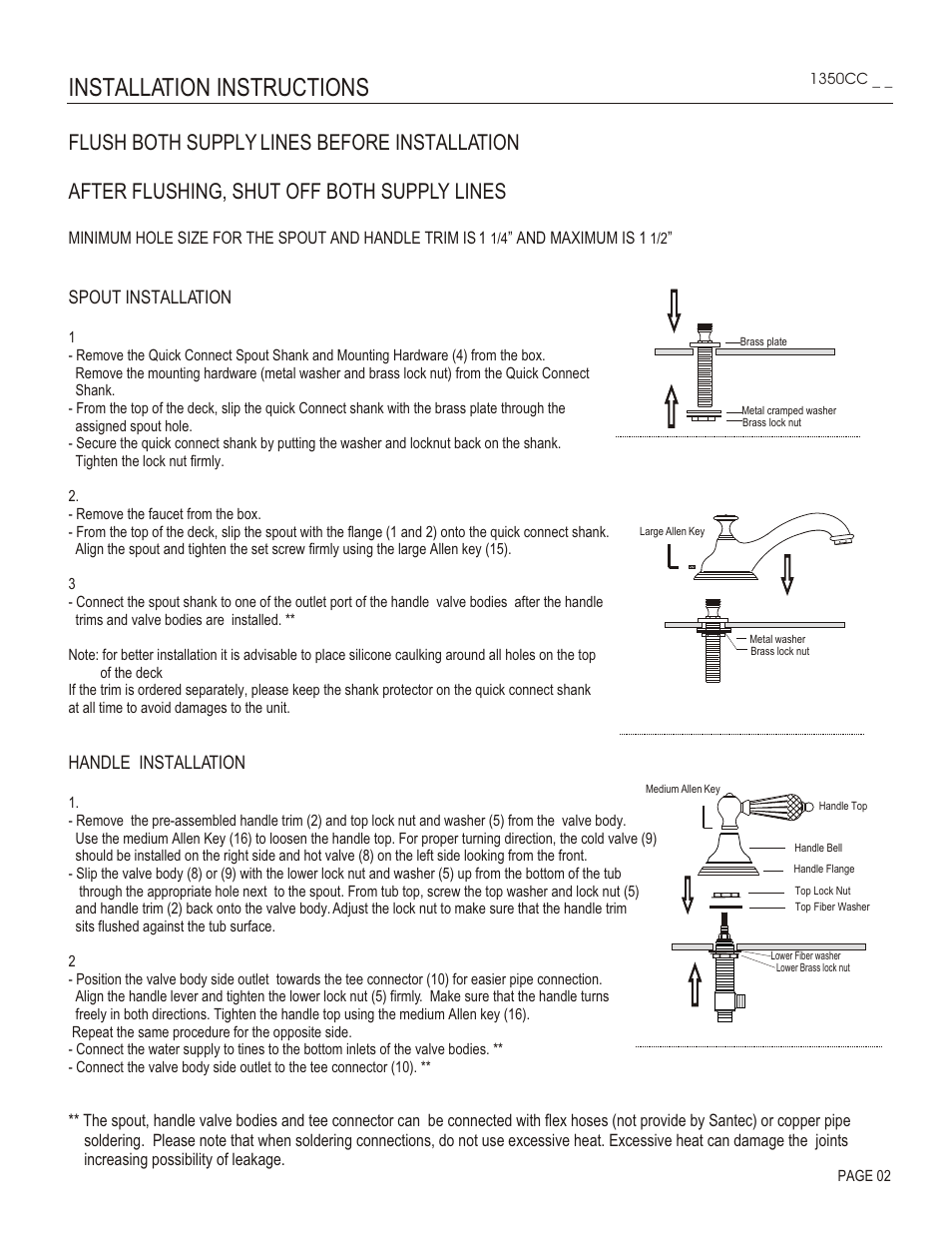 Installation instructions, Spout installation, Handle installation | Santec 1350CC User Manual | Page 2 / 4