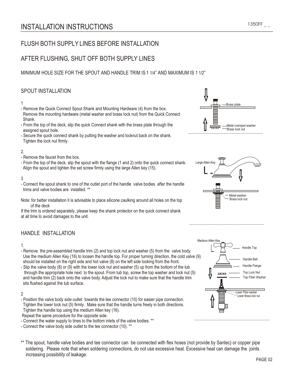 Installation instructions, Spout installation, Handle installation | Santec 1350FF User Manual | Page 2 / 4