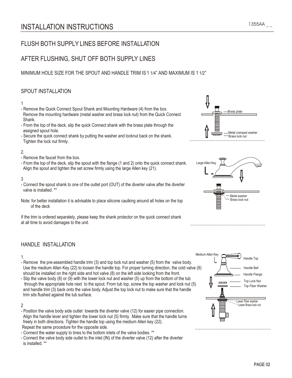 Installation instructions, Spout installation, Handle installation | Santec 1355AA User Manual | Page 2 / 4