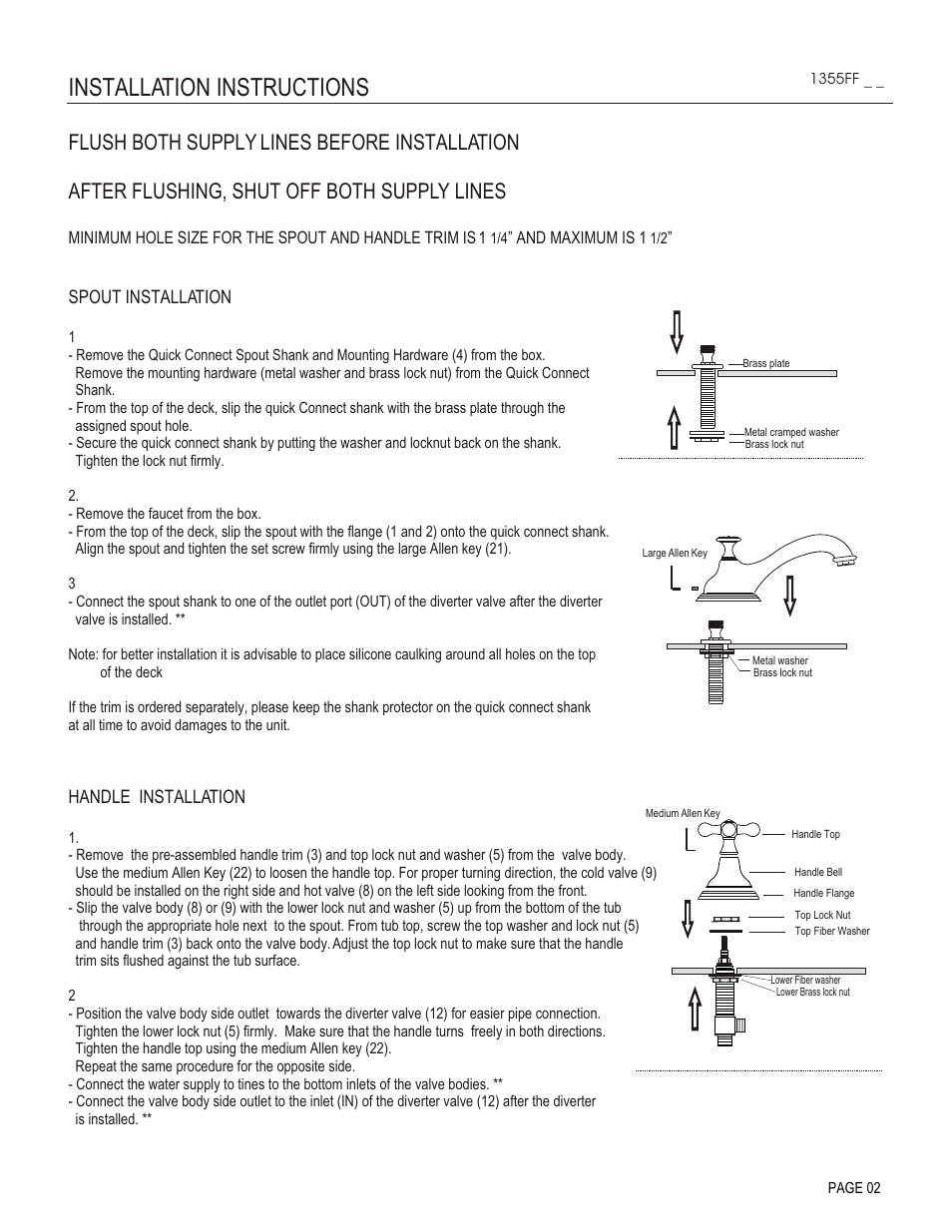Installation instructions, Spout installation, Handle installation | Santec 1355FF User Manual | Page 2 / 4