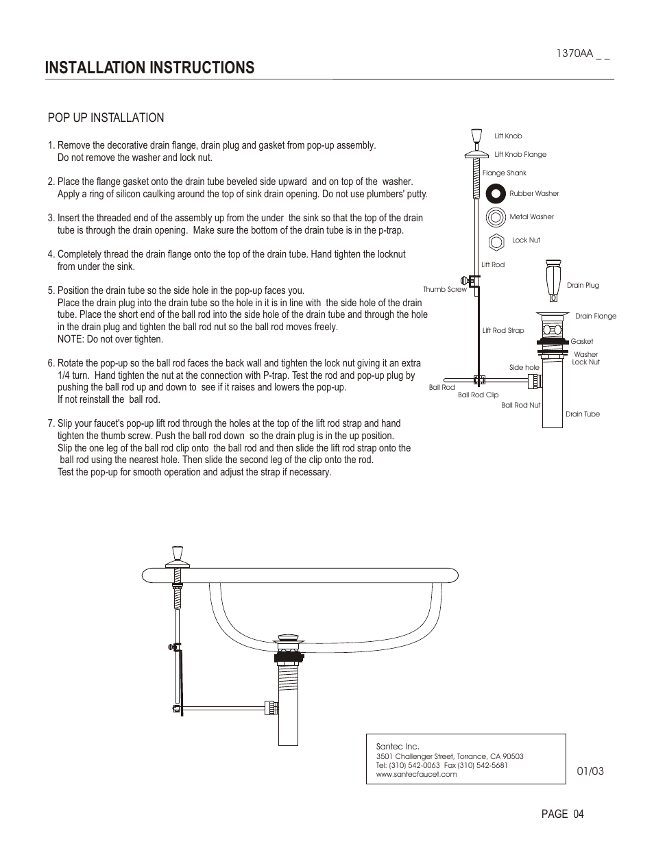 Installation instructions, Pop up installation, Page 04 | Santec 1370AA User Manual | Page 4 / 4