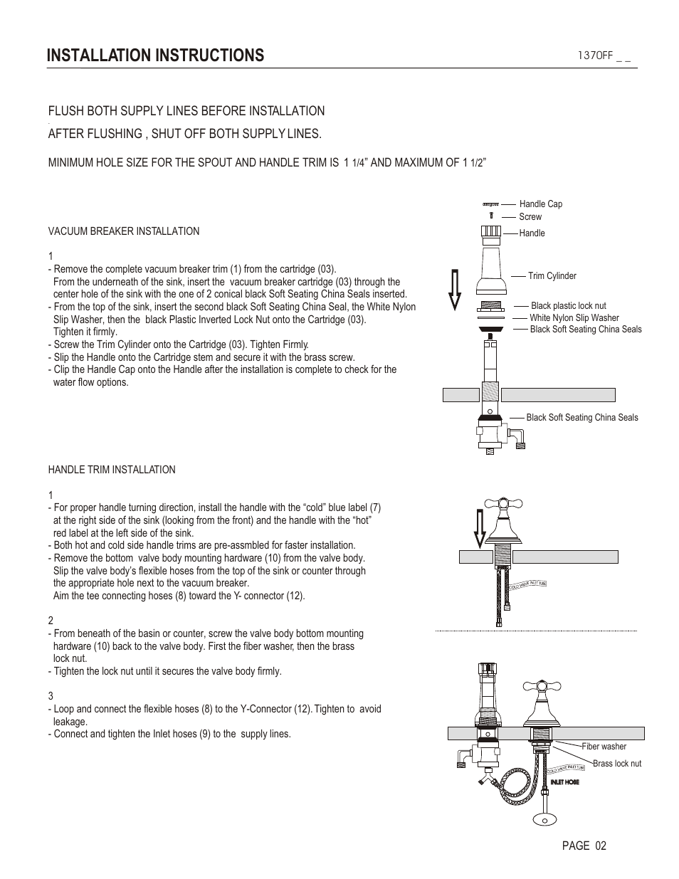 Installation instructions, Flush both supply lines before installation, After flushing , shut off both supply lines | And maximum of 1, Page 02 | Santec 1370FF User Manual | Page 2 / 4