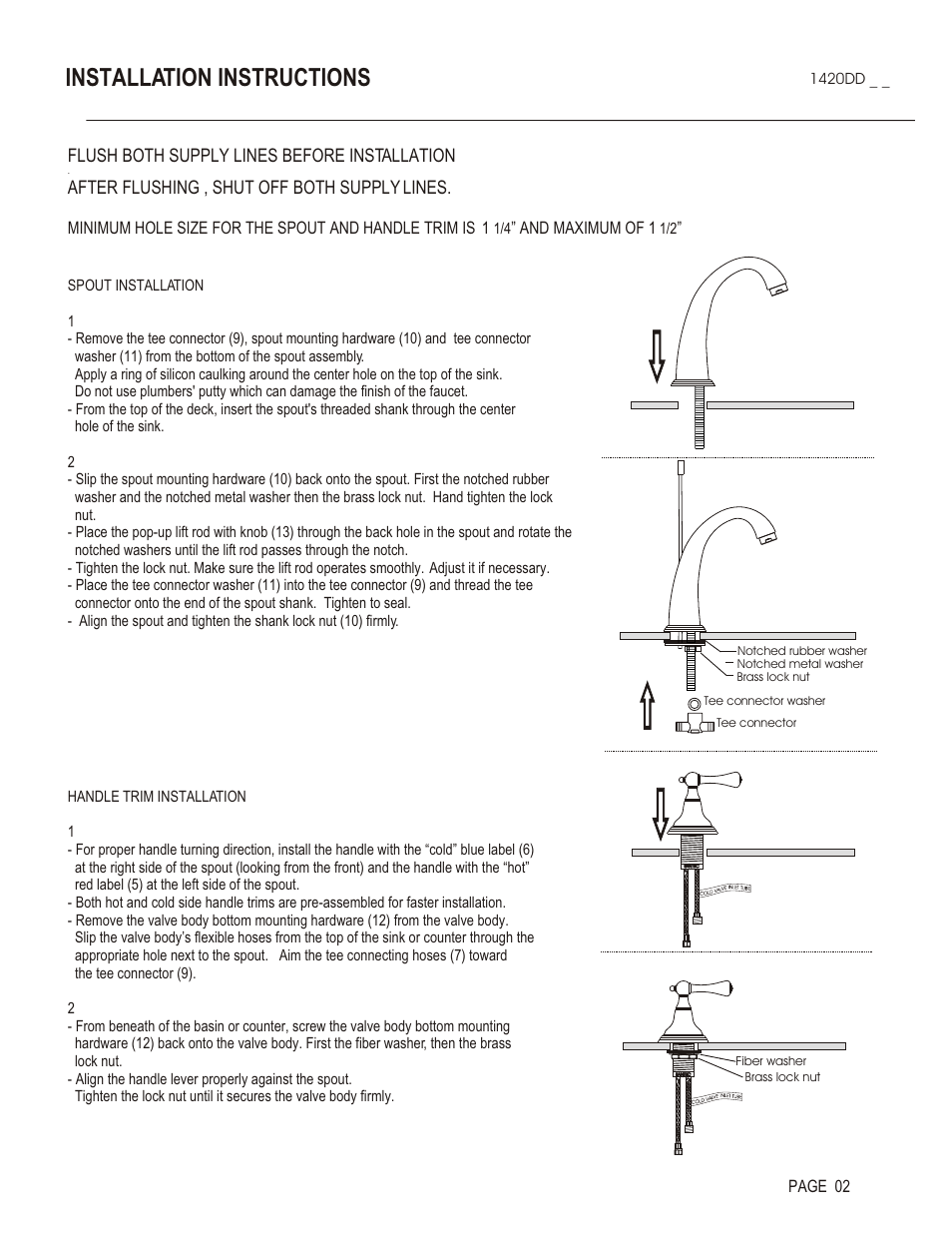 Installation instructions, Flush both supply lines before installation, After flushing , shut off both supply lines | And maximum of 1, Page 02 | Santec 1420DD User Manual | Page 2 / 4