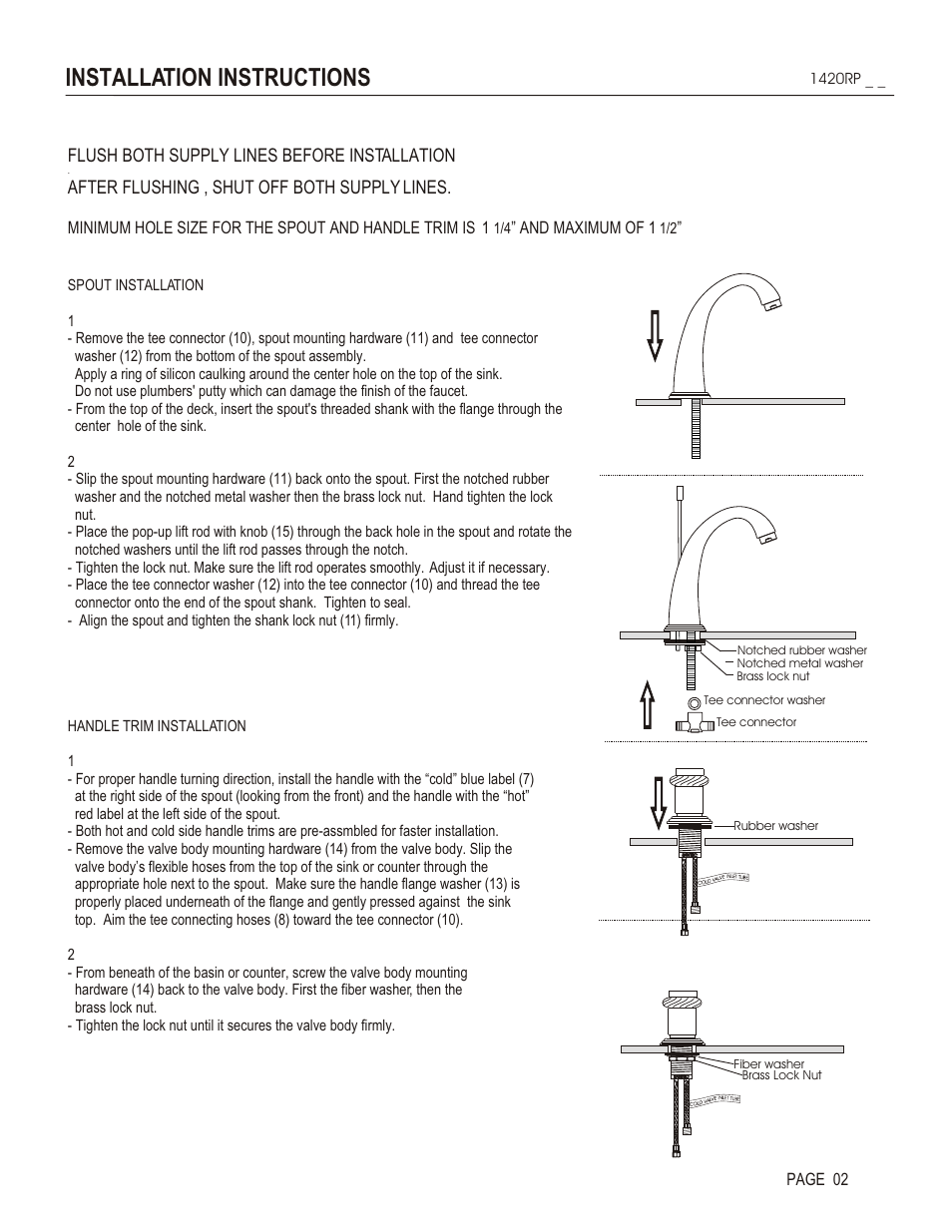 Installation instructions, Flush both supply lines before installation, After flushing , shut off both supply lines | And maximum of 1, Page 02 | Santec 1420RP User Manual | Page 2 / 4