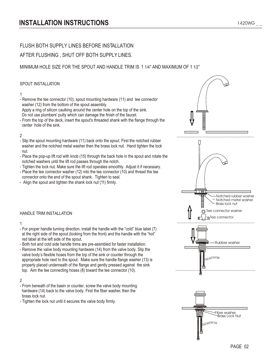 Installation instructions, Flush both supply lines before installation, After flushing , shut off both supply lines | And maximum of 1, Page 02 | Santec 1420WG User Manual | Page 2 / 4