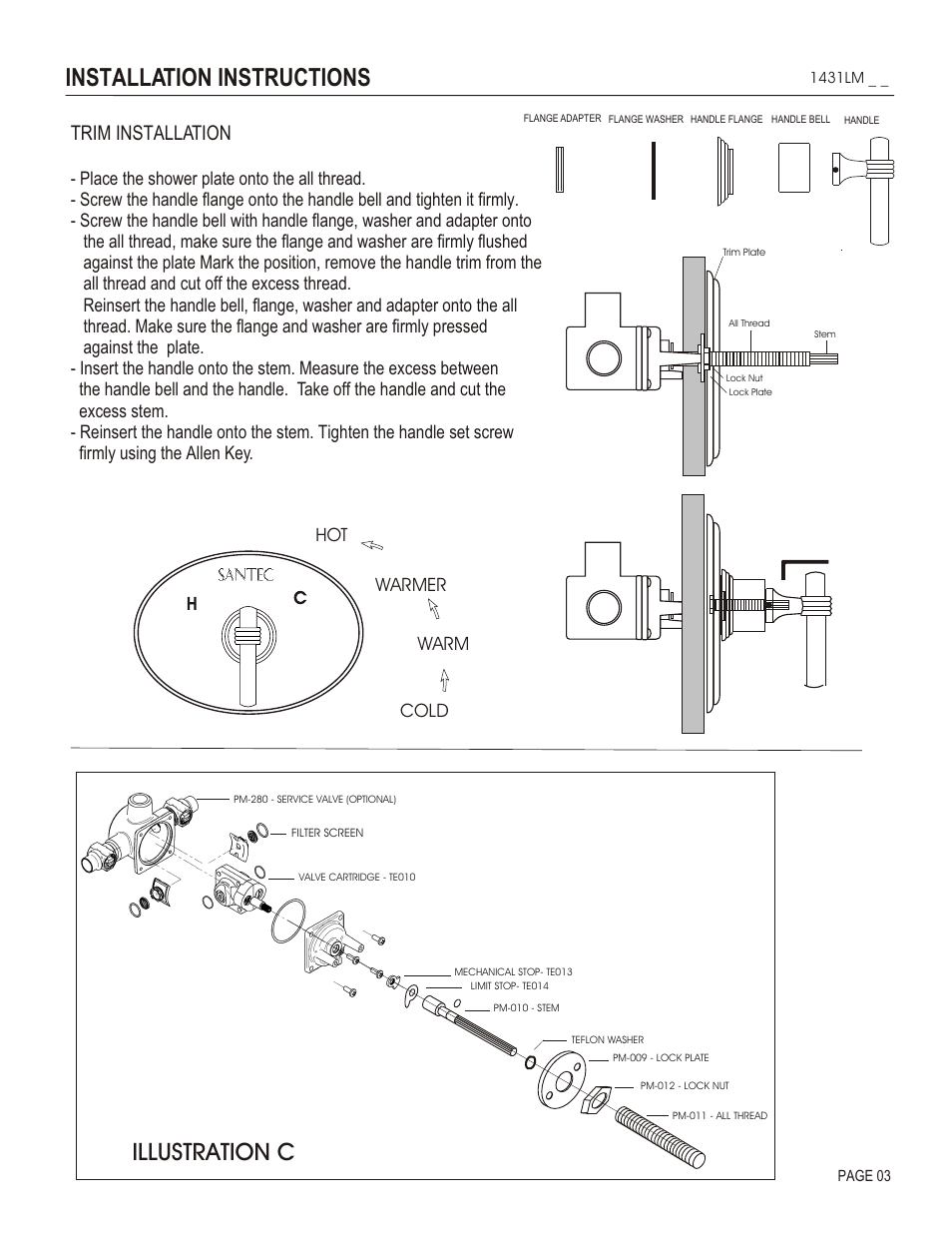 Installation instructions, Illustration c, Trim installation | Cold warm warmer hot | Santec 1431LM User Manual | Page 3 / 4