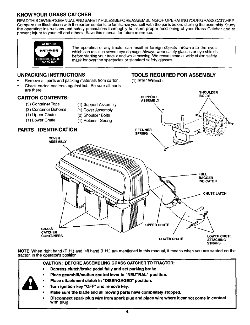 Know your grass catcher, Unpacking instructions, Carton contents | Parts identification, Tools required for assembly | Craftsman 917.24985 User Manual | Page 4 / 12