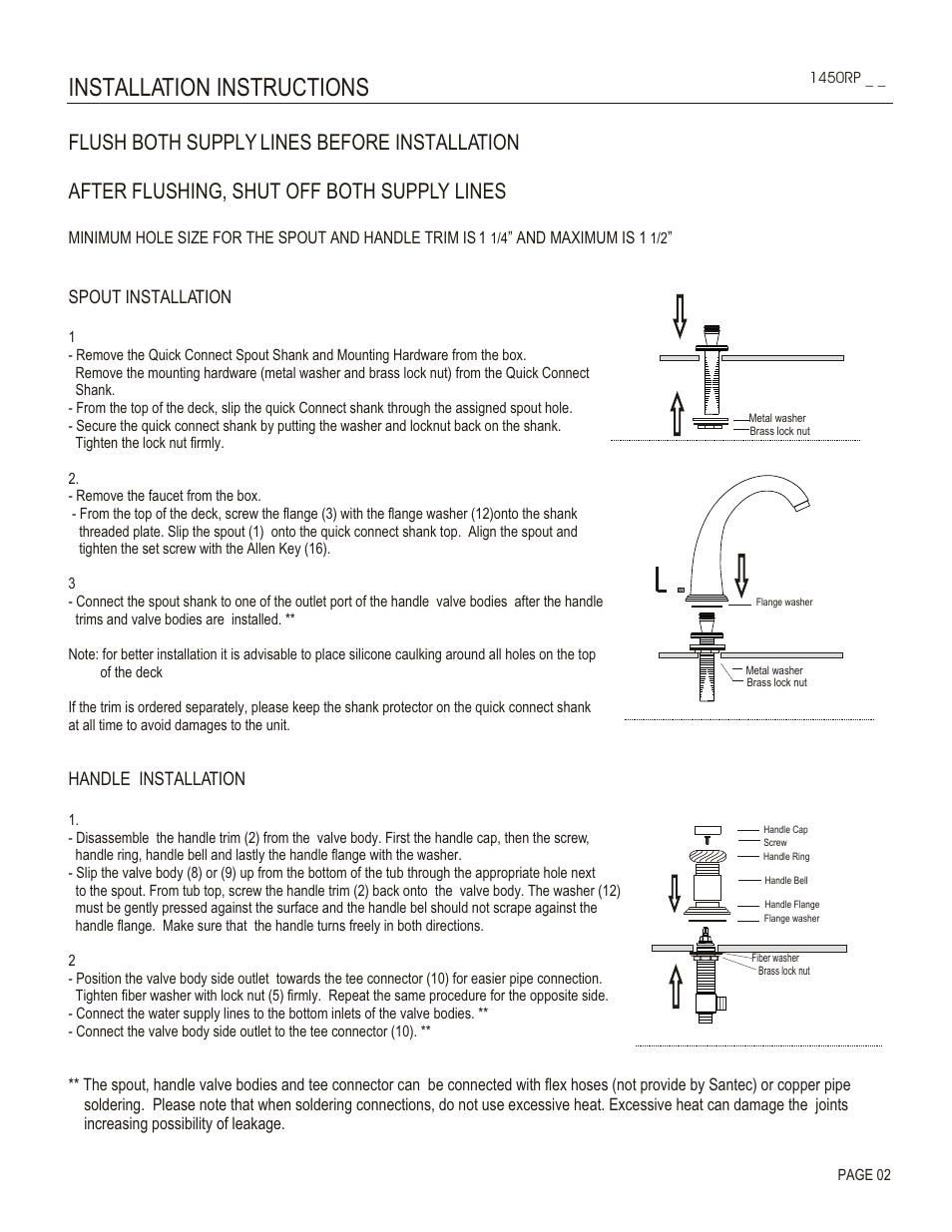 Installation instructions, Spout installation, Handle installation | Santec 1450RP User Manual | Page 2 / 4