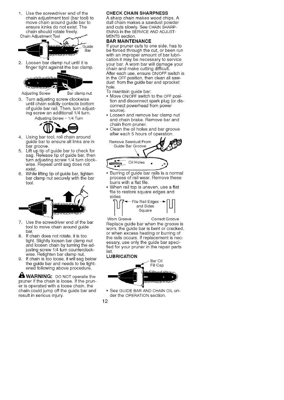 Warning, Check chain sharpness, Bar maintenance | Lubrication | Craftsman 944.514610 User Manual | Page 12 / 14