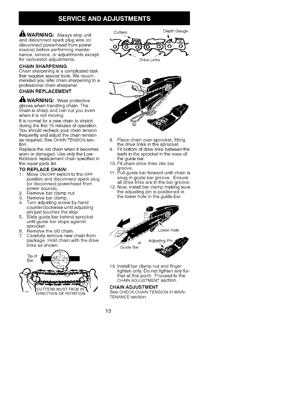 Service and adjustments, Service & adjustments, War n | Chain sharpening, Chain replacement, Chain adjustment | Craftsman 944.514610 User Manual | Page 13 / 14