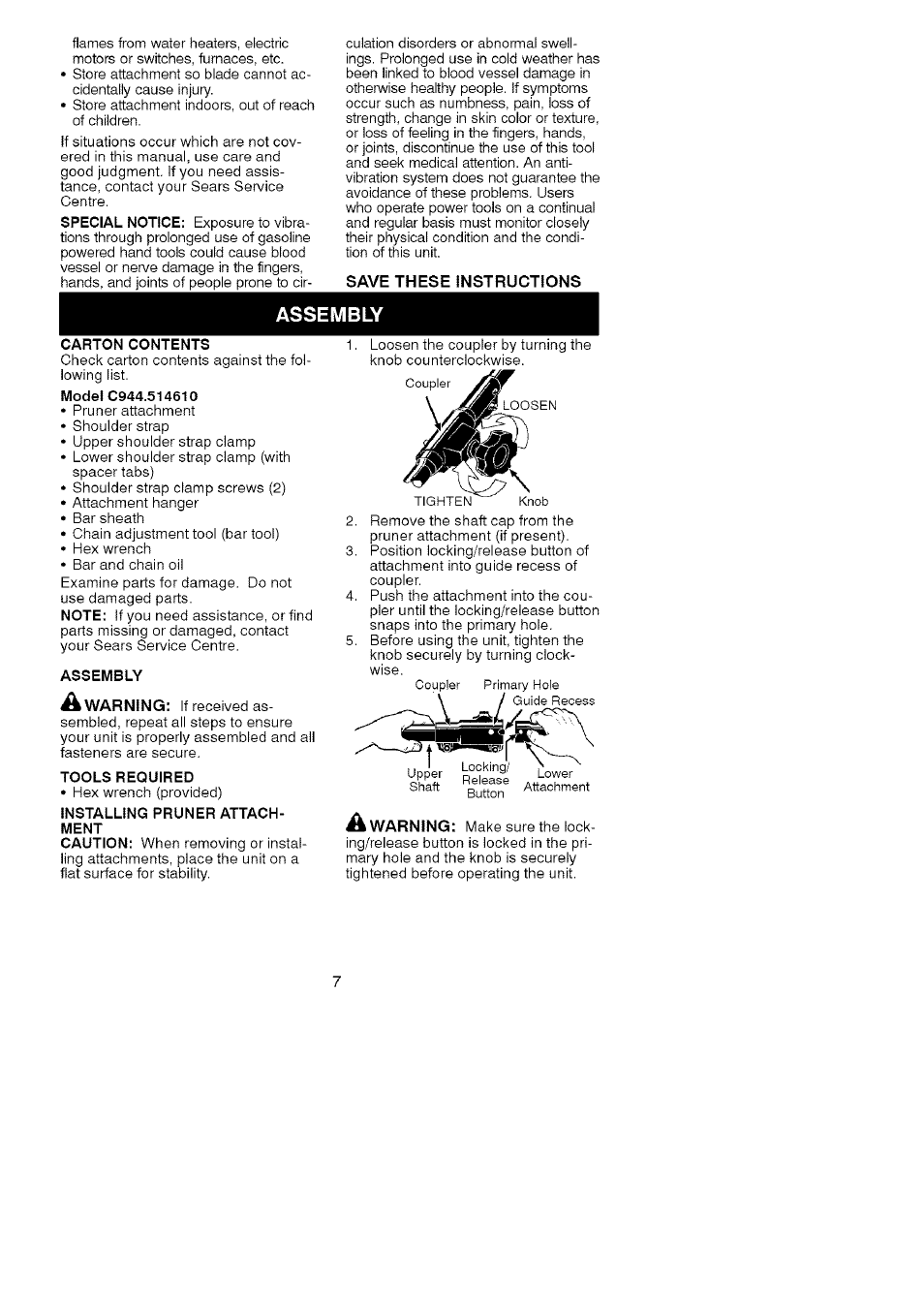 Assembly, Special notice, Save these instructions | Craftsman 944.514610 User Manual | Page 7 / 14