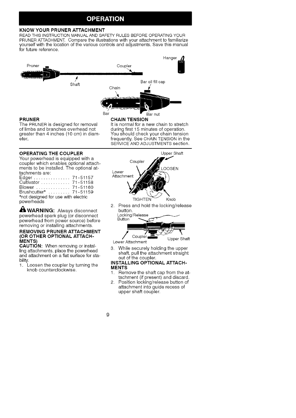 Know your pruner attachment, Pruner, Chain tension | Operating the coupler, Installing optional attach­ ments, Operation | Craftsman 944.514610 User Manual | Page 9 / 14
