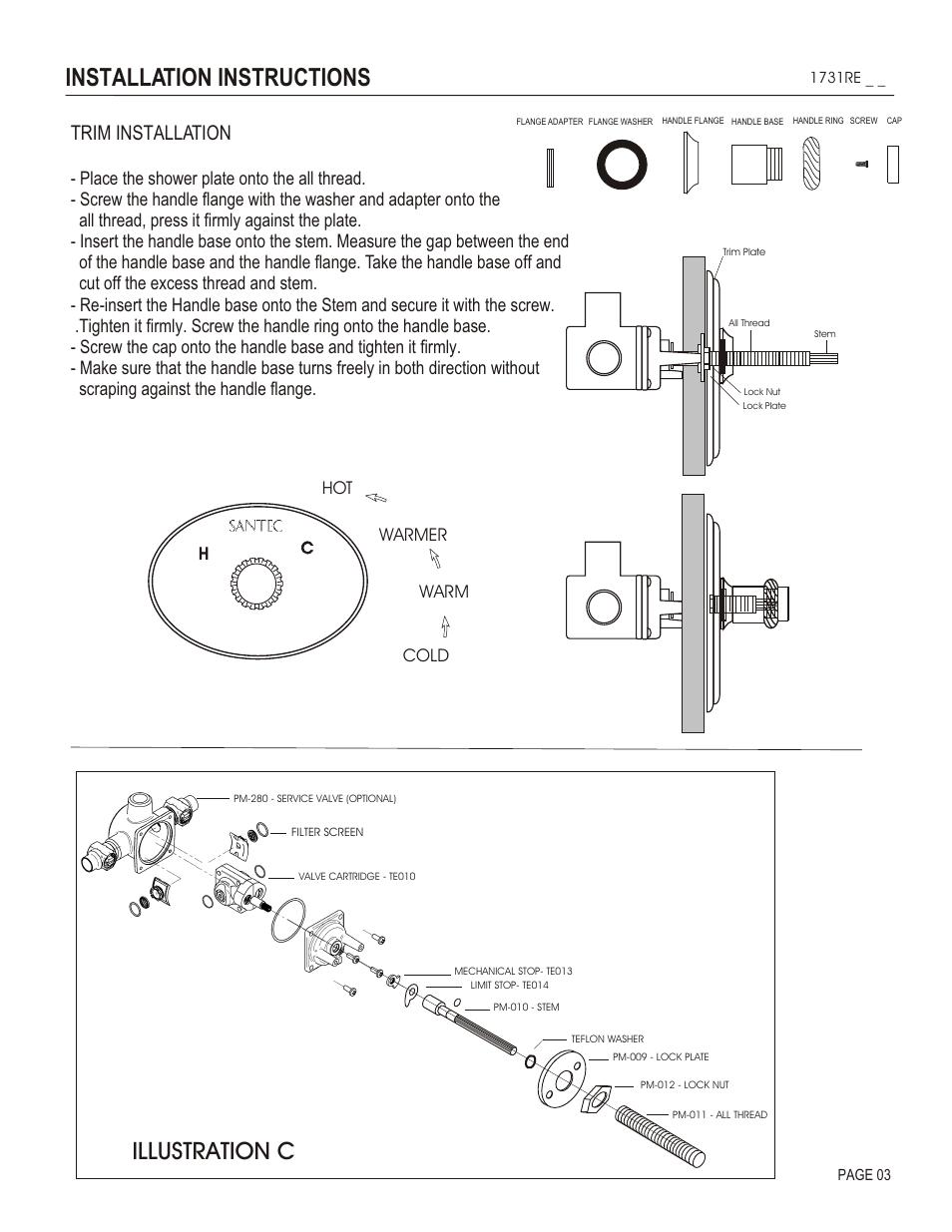 Installation instructions, Illustration c, Trim installation | Cold warm warmer hot | Santec 1731RE User Manual | Page 3 / 4