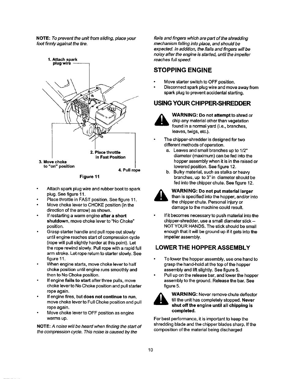 Stopping engine, Using your chipper-shredder, Lower the hopper assembly | Craftsman 247.775880 User Manual | Page 10 / 26