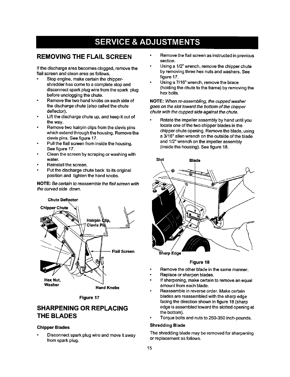 Removing the flail screen, Sharpening or replacing the blades, Chipper blades | Service & adjustments | Craftsman 247.775880 User Manual | Page 15 / 26