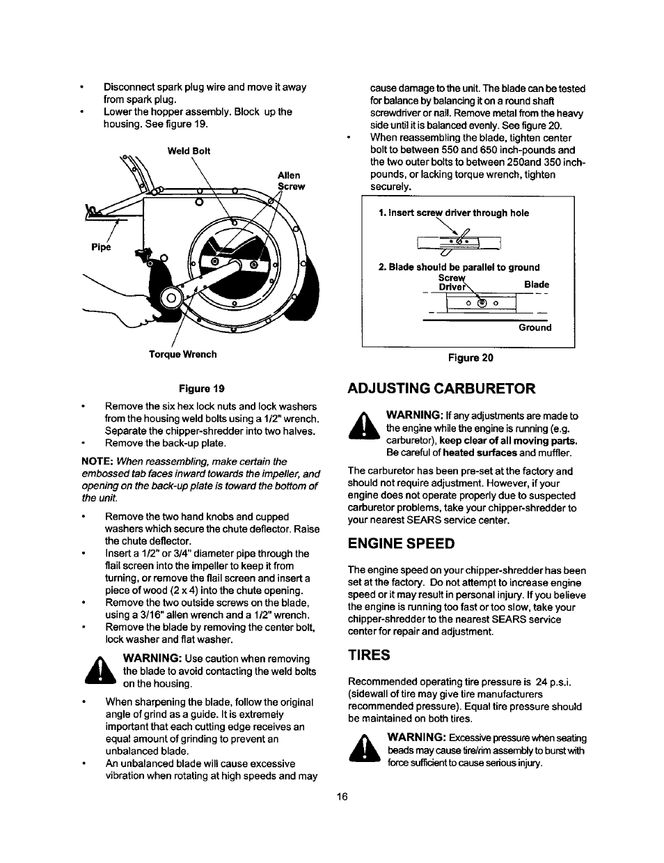 Adjusting carburetor, Engine speed, Tires | Craftsman 247.775880 User Manual | Page 16 / 26