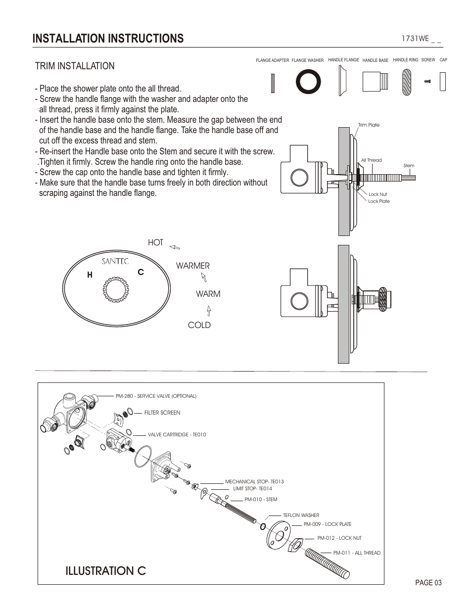 Installation instructions, Illustration c, Trim installation | Cold warm warmer hot | Santec 1731WE User Manual | Page 3 / 4