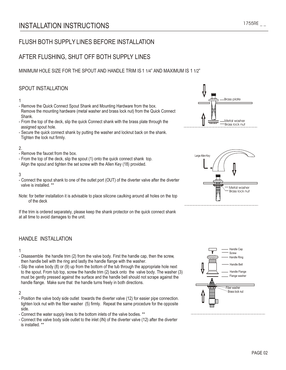 Installation instructions, Spout installation, Handle installation | Santec 1755RE User Manual | Page 2 / 4