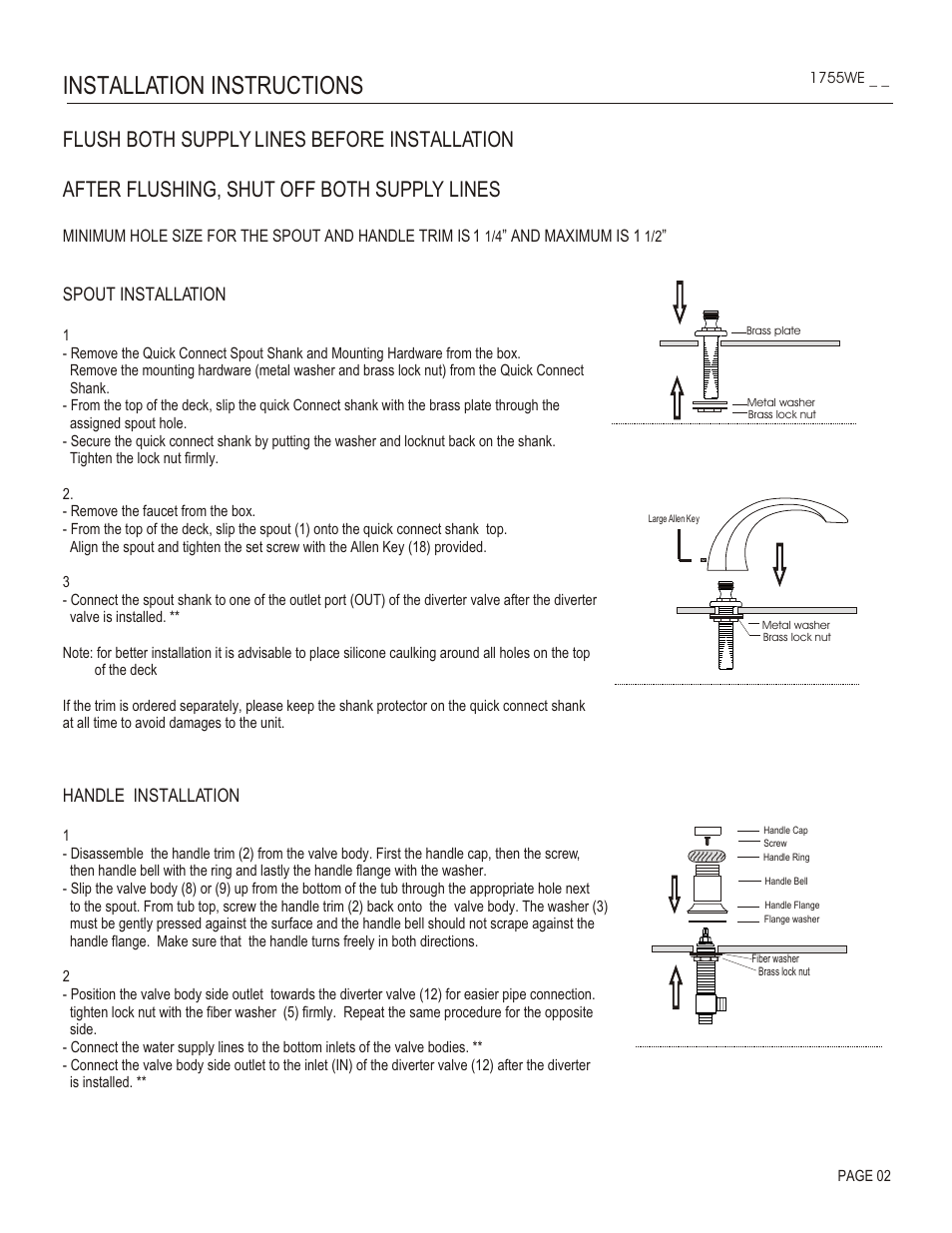 Installation instructions, Spout installation, Handle installation | Santec 1755WE User Manual | Page 2 / 4