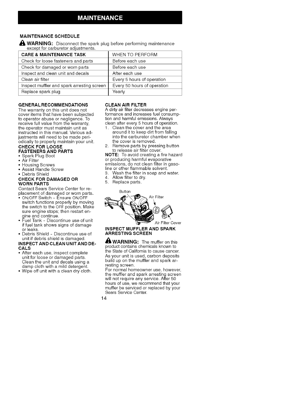 Maintenance | Craftsman 358.79104 User Manual | Page 14 / 19