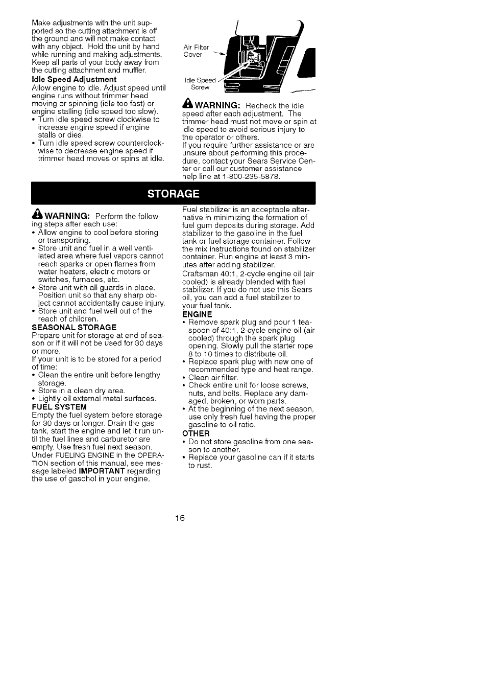 Storage | Craftsman 358.79104 User Manual | Page 16 / 19