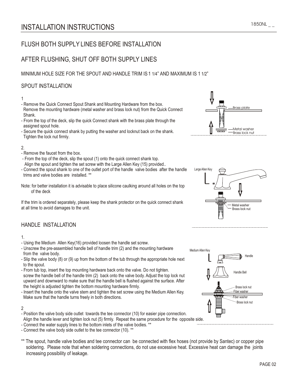 Installation instructions, Spout installation, Handle installation | Santec 1850NL User Manual | Page 2 / 4