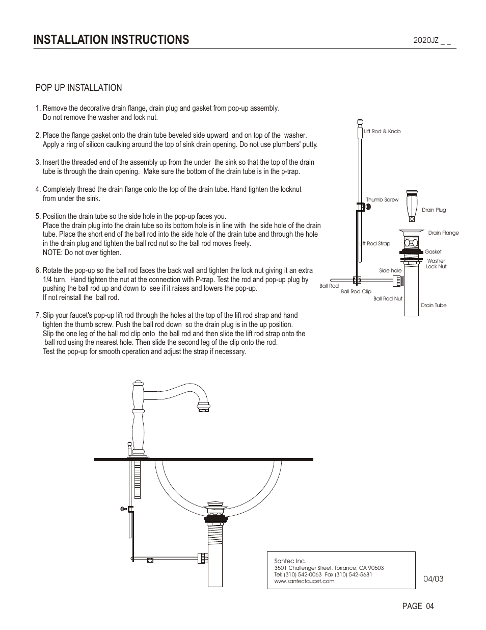Installation instructions, Pop up installation, Page 04 | Santec 2020JZ User Manual | Page 4 / 4