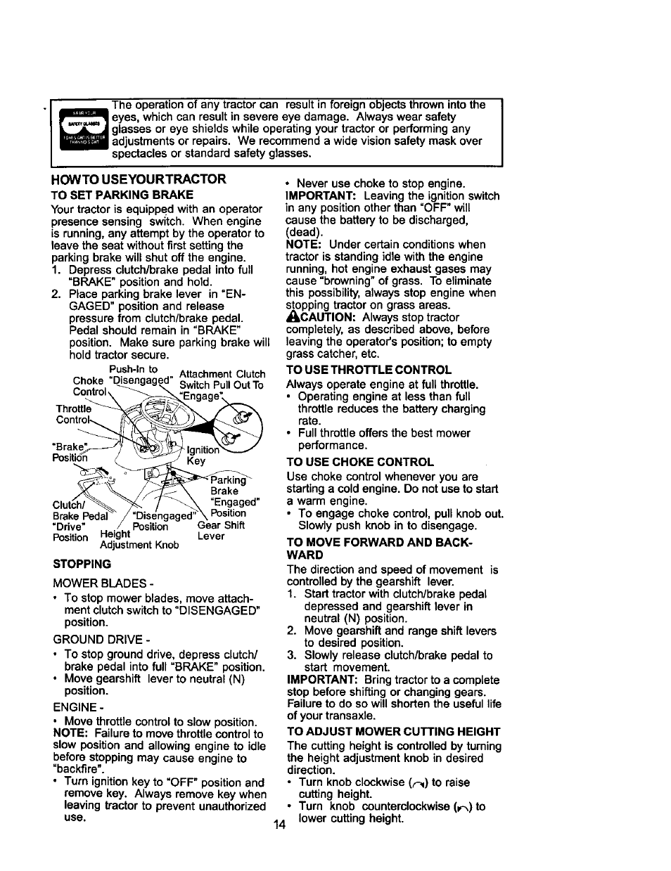 To use throttle control, To use choke control, To move forward and backward | To adjust mower cutting height | Craftsman 917.275031 User Manual | Page 14 / 60