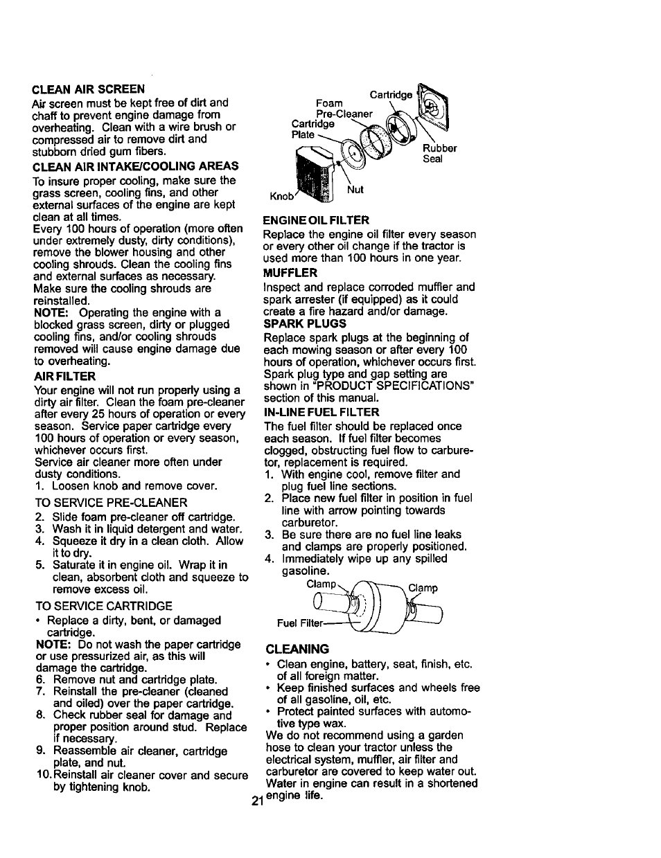 Clean air screen, Air filter, Engine oil filter | Craftsman 917.275031 User Manual | Page 21 / 60