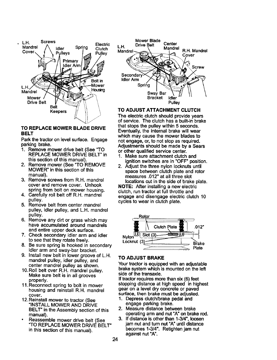 Cover. { \ p,,||e,i, To replace mower blade drive, Belt | To adjust attachment clutch, To adjust brake | Craftsman 917.275031 User Manual | Page 24 / 60