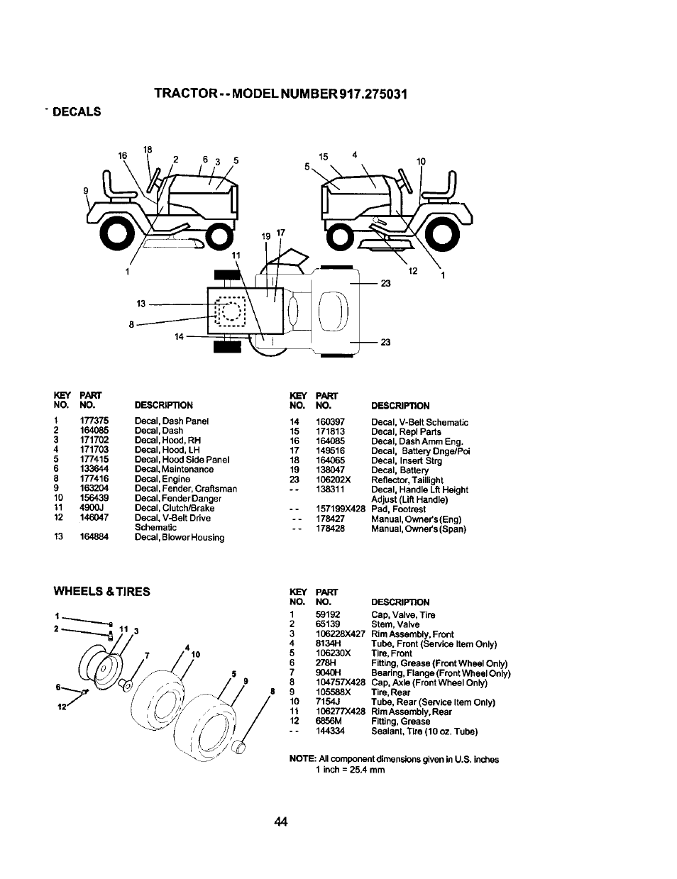 Decals, Wheels & tires | Craftsman 917.275031 User Manual | Page 44 / 60